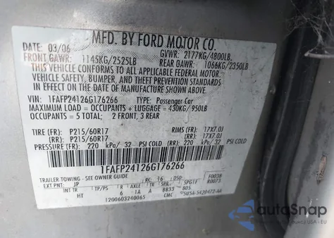 2006 Ford Five Hundred Sel z USA, uszkodzony, nr VIN 1FAFP24126G176266